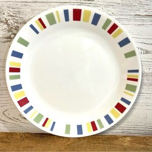 Corelle White Dinner Plate with Red, Blue, Yellow and Green Rectangular Accents